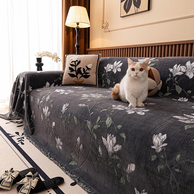STACYPIK Luxury Floral Gray Sofa Cover for Dogs, Thick Botanical Garden Jacquard Couch Cover for 2 Cushion Couch, Washable Pet Couch Protector Slipcover for Sectional Multi-use Throw Blanket-71X118IN - Image 8