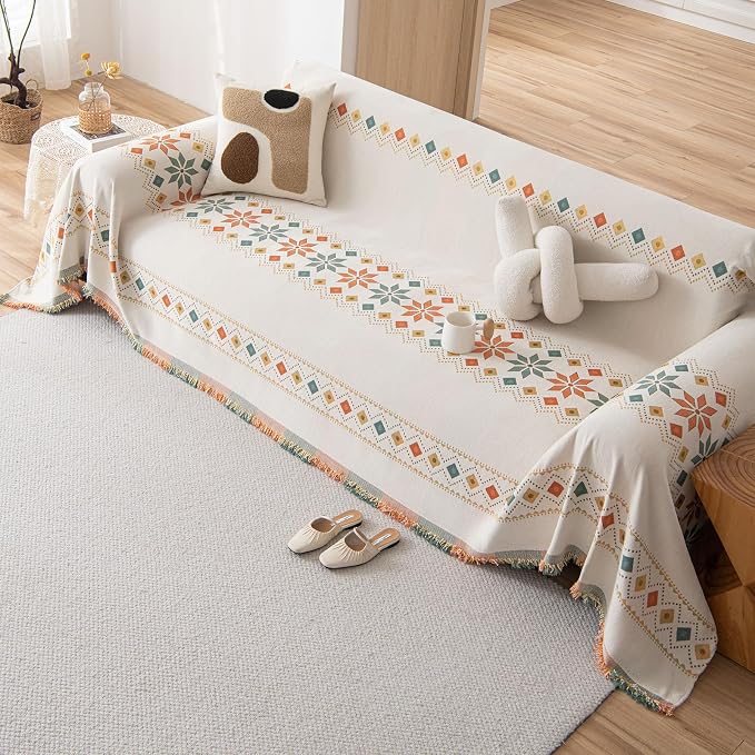 Beige Boho Couch Cover Chenille Sofa Cover Blanket Washable, Large 71"x118" | Bohemian Style Furniture Protector, For 2 Cushion Couch & Sectional, Living Room Sofa Decor, Geometric Jacquard, Tassel Trim - Image 7