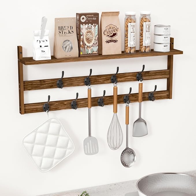 AMBIRD Coat Rack Wall Mount with Shelf, 29" Coat Hooks Wall Mounted with 9 Metal Hooks for Entryway, Bathroom, Bedroom, Living Room, Kitchen, 2 Tier Wall Hooks for Clothes, Hat, Towel, Key, Purse - Image 7