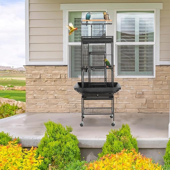 VINGLI Bird Cage with Wheels, 62 inch Bird Cages with Play Top, Wrought Iron Cage with Rolling Stand for Parrots, Cockatiels, Budgies, Lovebirds, Small/Medium Birds (Black) - Image 9
