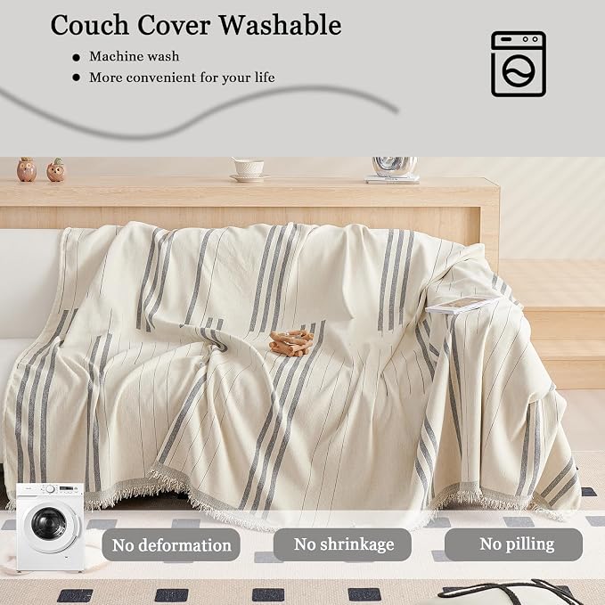 DREAMINGO Couch Cover Reversible Chenille Loveseat Sofa Covers for Dogs Pets Beige Grey Couch Protector for 2 Cushion Couch Sofa Vertical Stripe Jacquard Sofa Slipcover Sectional, 71"x118" - Image 7