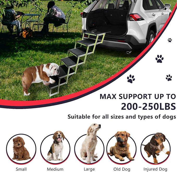 PENSUN Dog Ramps for Small & Big Dogs Portable Folding Pet Stairs with Nonslip Surface Foldable Truck Ramp Stairs for Car, SUV and Trucks, Supports Up to 250LBS, 6 Steps