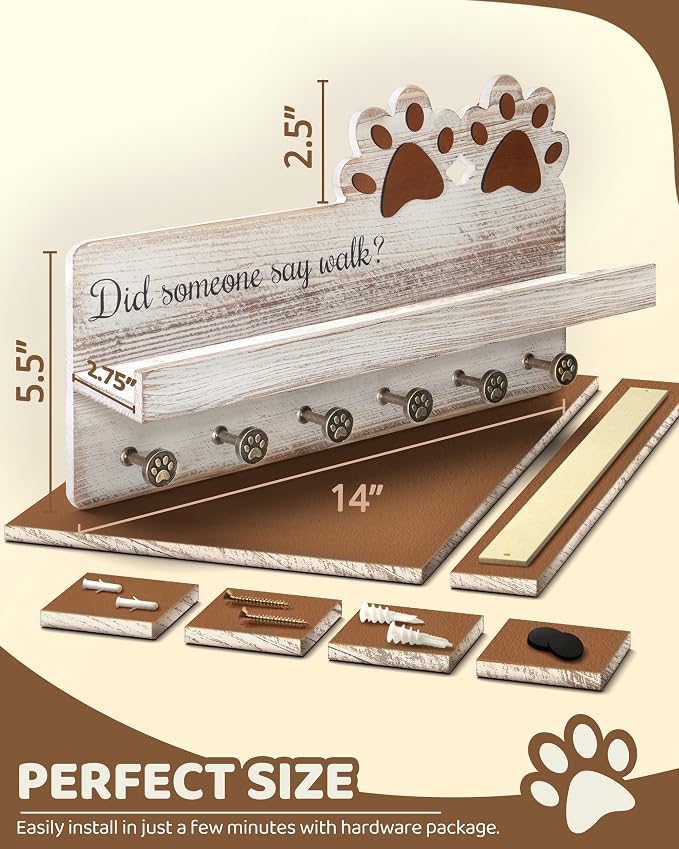 MTERSN Farmhouse Dog Leash Holder for Wall - Dog Stuff Organizer and Key Holder Wall Mount with a Floating Shelf & 6 Hooks for Home Decor - Perfect Gifts for Dogs Lovers (White) - Image 6