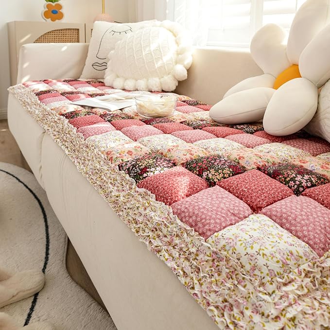 vctops Bohemian Patchwork Cotton Quilted Sofa Couch Cover Floral Pattern Sectional Couch Cover for Living Room Non Slip Soft Floor Mat Chair Seat Cushion(Pattern B,20"x71") - Image 7