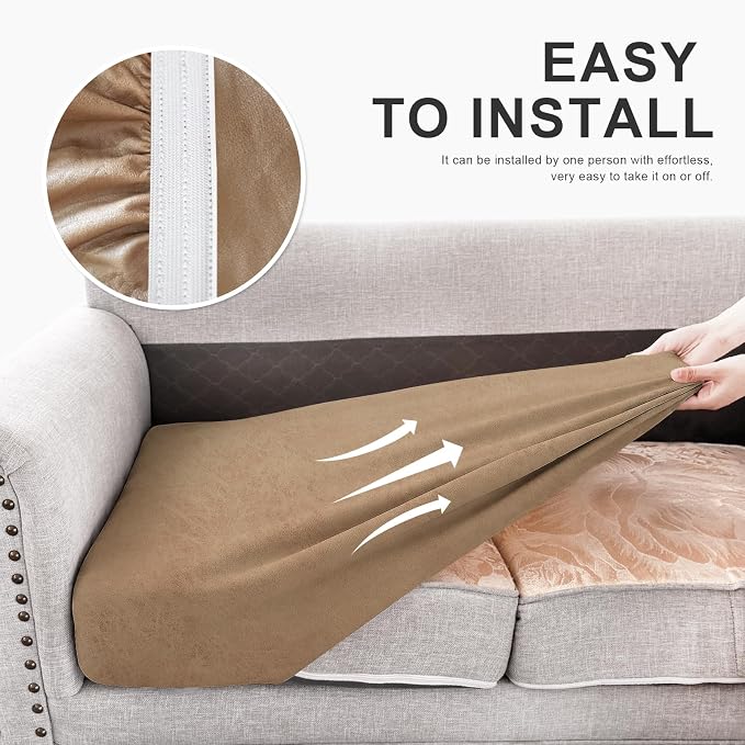 Leather Like Couch Cushion Covers Sofa Slipcovers Sets Couches Furniture Protector Covers for Sectional Armchair Loveseat Stretch Spandex Fabric, Machine Washable (3 Cushion Sofa, Light Kahki) - Image 6