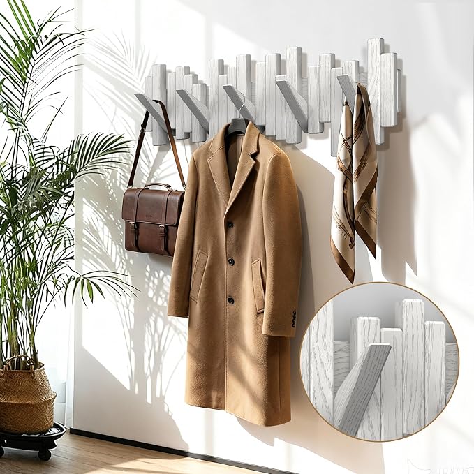 Coat Rack Wall Mount Piano Flip Down Wall Hook Rack 5 Hooks Oak | Natural Wood Handmade Unique Hanger for Coats Bag Hat Umbrella key Wall Art In the foyer living room bedroom bathroom office - Image 9