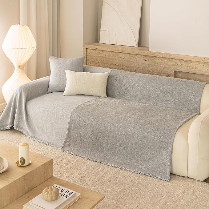 Gray Boho Couch Covers for Sofa Washable for 3 Cushion Couch,71''X150'' | Chenille Furniture Protector Sofa Couch Cover for Dogs, Soft Breathable Sofa Slipcover, Couch Throw Blankets with Tassels - Image 9