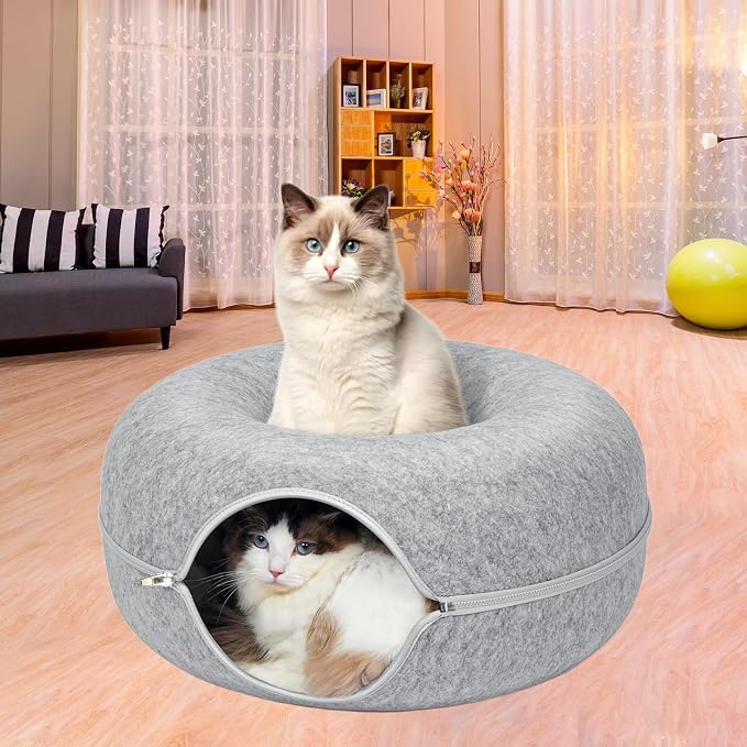 24inch-Tunnel Bed for Indoor,cattasaurus Peekaboo cat cave for Multiple,Detachable Felt Felt Washable Interior for Indoor Cats,Donut Tunnel (Dark Grey) - Image 8