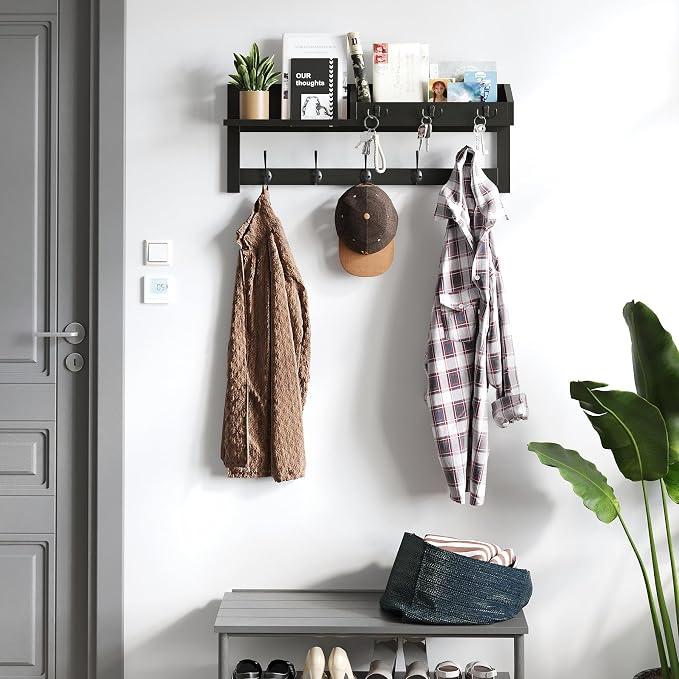 AMBIRD Wall Hooks with Shelf, 26.57 Inch Entryway Wood Coat Hooks for Wall, Coat Rack Wall Mount Rack with 5 Dual Hooks 3 Key Hooks Mail Organizer and Key Rack Key Holder (Black) - Image 8