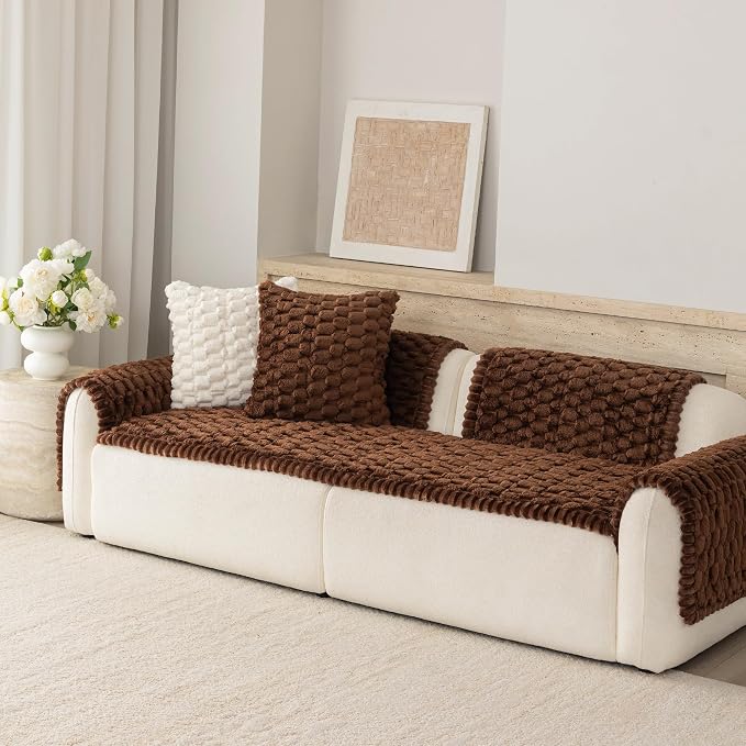 Upgraded Washable Non Slip Dog Couch Cover, Soft Thick Fuzzy Sofa Slipcover, Pet Friendly Furniture Protector for Sofa Couch(Brown,28"x59") - Image 7