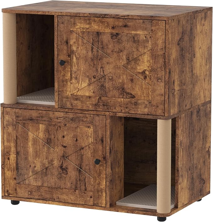 Garvee Double Layer Cat Litter Box Furniture, 2 in 1 Hidden Litter Box Furniture with Scratching Post and Litter Mats, Wooden Corner Cabinet Cat Washroom Bed - Image 9