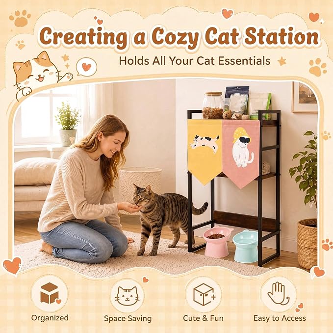 Geelin Cat Feeding Station with Storage, 3-Tier Cat Food Organizer Shelf, Elevated Feeding Area Fits Different Bowl Heights, Space Saving Pet Supply Rack with Decorative Flags(Not Include Bowls) - Image 7