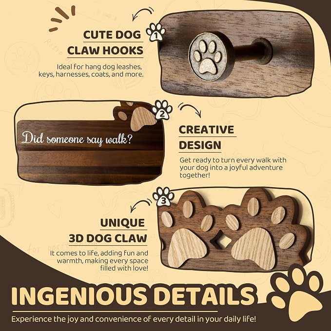 MTERSN Dog Leash Holder for Wall with Shelf – Wooden Key Holder Wall Mount with 6 Hooks & Floating Shelf – Cute Farmhouse Home Decor for Entryway, Living Room, Kitchen Decor(Dark Acacia) - Image 6