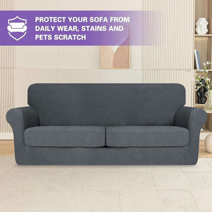 ZNSAYOTX 3 Piece Stretch Sofa Covers (71"-91") for 2 XL Cushion Couch, Thick Striped Sofa Cover with Elastic Band Bottom Ties Non-Slip Stay in Place, Soft Durable Couch Slipcovers, Dark Grey - Image 6