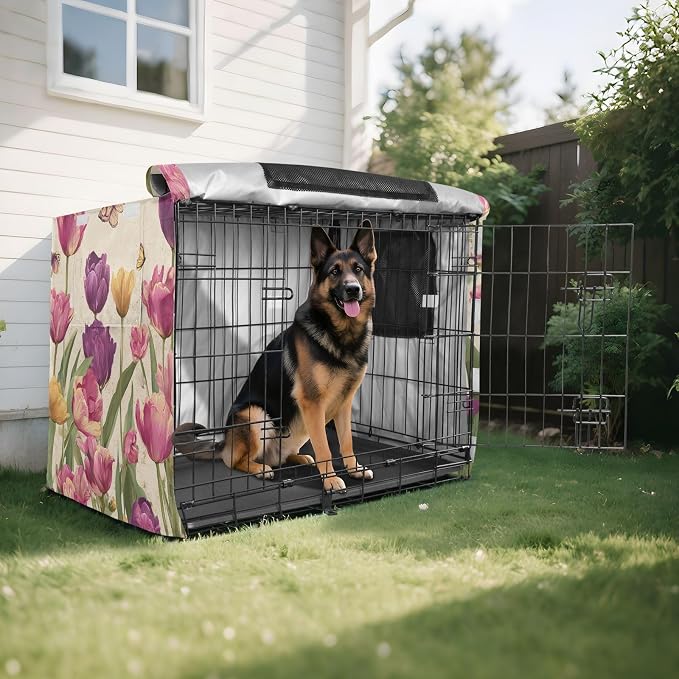 Dog Crate Cover Kennel Cover for Dog Cages Breathable for Wire Cage Indoor Outdoor Vintage Beige Spring Tulips Butterflies - Image 8