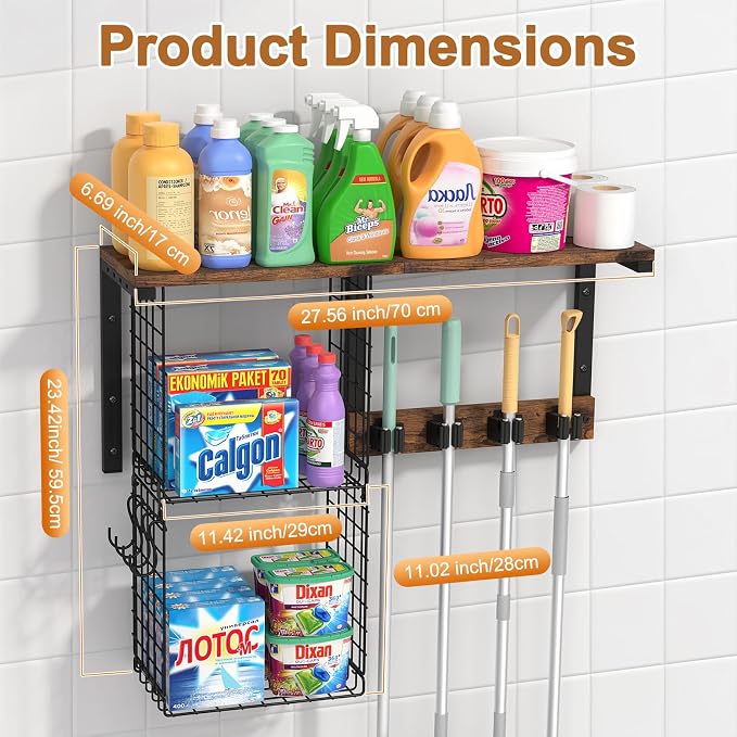 Housolution Wall Mount Broom Holder Laundry Room Storage Organizer Shelves | Thickened Metal Frame, 100 LBS High Load-Bearing, Large Capacity, Multifunctional with 2 Baskets, 4 Grippers & Hooks - Image 7