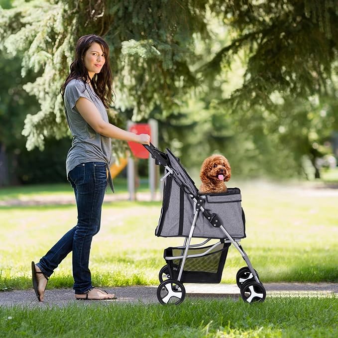 Pet Stroller 4 Wheels Dog Cat Stroller for Small Medium Dog Cats Carrier Jogger Travel Foldable Puppy with Storage Basket and Cup Holder (Grey)