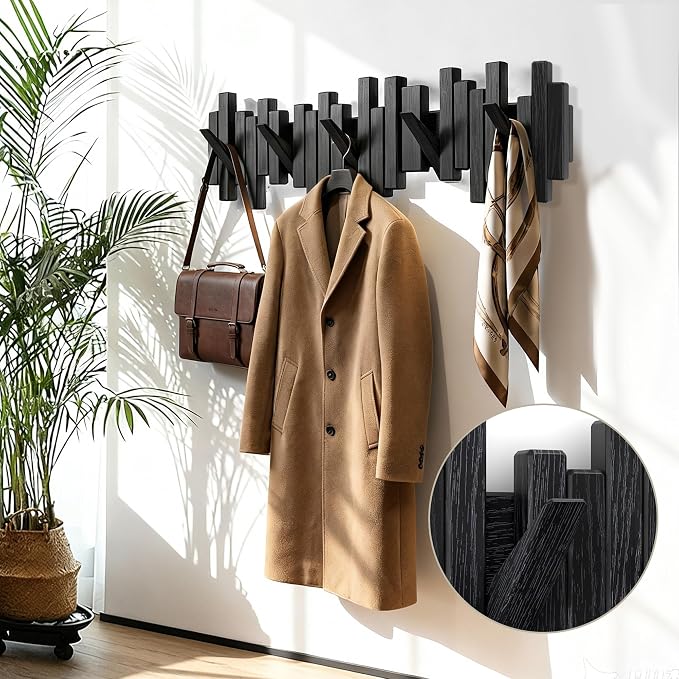 Coat Rack Wall Mount Piano Flip Down Wall Hook Rack 5 Hooks Oak | Natural Wood Handmade Unique Hanger for Coats Bag Hat Umbrella key Wall Art In the foyer living room bedroom bathroom office - Image 9