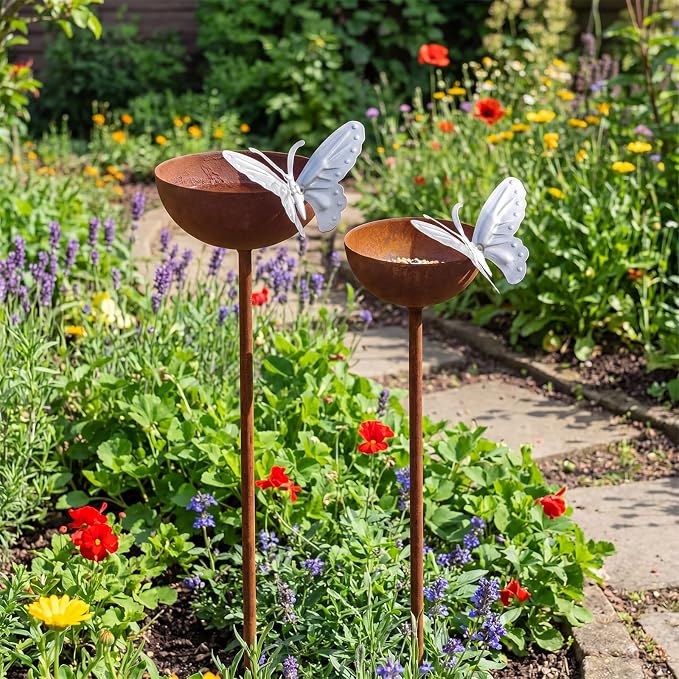 2 Pack Rusty Rain Catcher Garden Stake - Adjustable Metal Bird Feeder and Bath Bowl, Butterfly Style Vintage Outdoor Decor for Lawn Yard, Attracts Birds and Beneficial Insects - Image 8