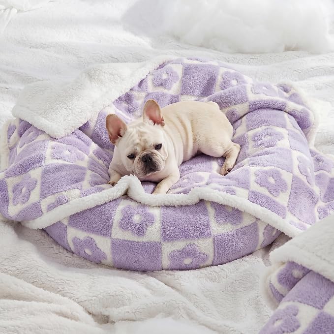 LE SURE Waterproof Dog Blankets for Medium Dogs Cute 3D Jacquard,30x40 | Puppy Blanket for Cat Aesthetic Gift, Warm Soft Sherpa Throw Washable, Reversible Pet Couch Protector, Lavender Flower Checks - Image 6