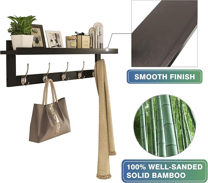 SMIBUY Coat Hooks with Shelf Wall-Mounted, 29.2 Inch Entryway Coat Rack for Wall, Bamboo Hanging Shelf with 5 Double Metal Hooks for Bathroom, Bedroom, Kitchen, Living Room, Mudroom (Dark Brown) - Image 7
