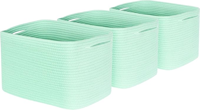 MINTWOOD Design 3-Pack Decorative Woven Storage Baskets for Shelves, Cube Bin Box for Organizing Books, Shoes, Dog Toys, Pantry Closet and Living Room Organizer, Mint - Image 8
