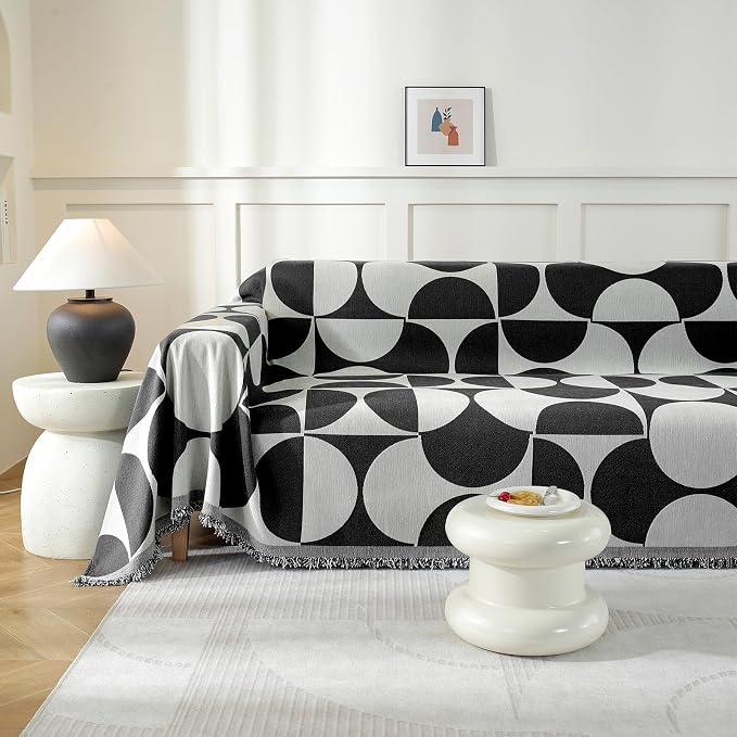 Couch Cover for Sofa, Boho Sofa Cover Washable Couch Cover for Dogs, Pet Sofa Cover for 3-Cushion Couches with Tassel Furniture Protector Cover,71" x 134",Black & White-Half-Round-2 - Image 7