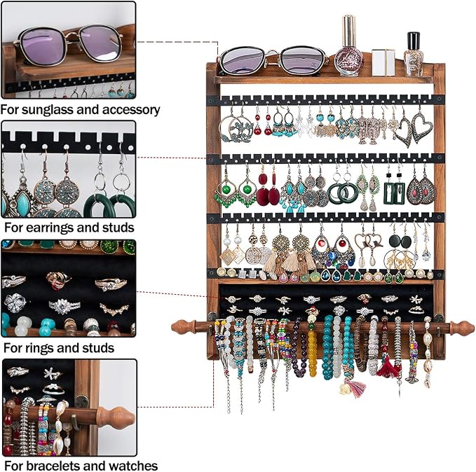 3Pcs Jewelry Organizers and Storage, Wood Earring Organizer | Hanging Jewelry Organizer,Rustic Wall Jewellery Organizer,Wall Mounted Earring Holder for Storage Display Gift (Brown+Black) - Image 7