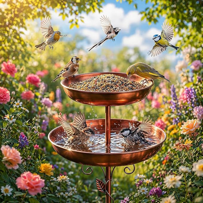 2-in-1 Tall Bird Bath and Feeder for Outdoors, 47" Adjustable Metal Standing Birdfeeder with 5-Prong Base, Antique Copper Finish Rustproof Water Bowl & Seed Tray Station for Garden Yard Patio Decor - Image 8