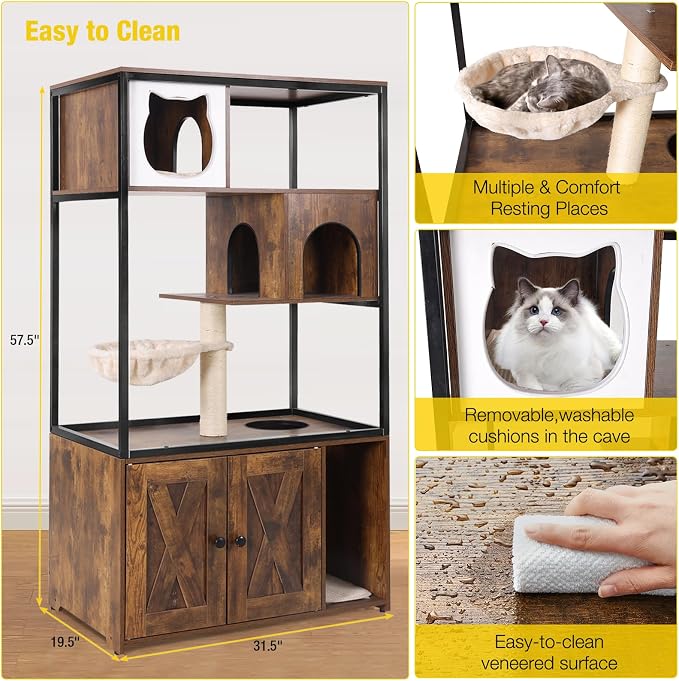 Aivituvin Cat Litter Box Enclosure, Litter Box Furniture Hidden, Wooden Cat Washroom Furniture, Indoor Cats House with Condo, Hammock, Scratching Mat and Storage Shelves - Image 7