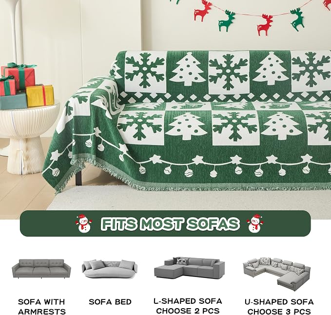 MEETSKY Christmas Green Couch Cover for Sectional Sofa, Chenille Loveseat Sofa Covers Washable for Pet Friendly Snowflake Christmas Tree Decorative Couch Covers, 71" x 118" - Image 7