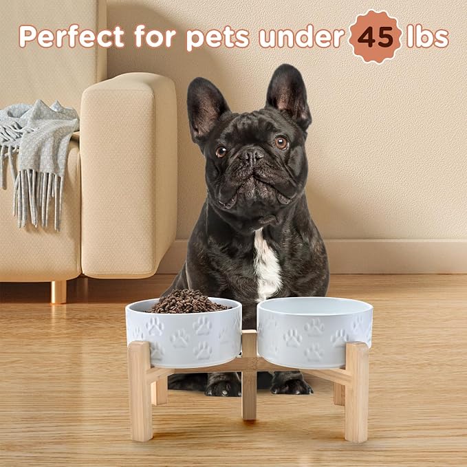 SPUNKYJUNKY Elevated Dog Bowls Ceramic, 6.1'' Dogs and Cat Food Water Bowls Raised with Non-Slip Bamboo Stand for Medium Sized Breed Microwave Dishwasher Safe - 28.7 OZ,Paw White - Image 7