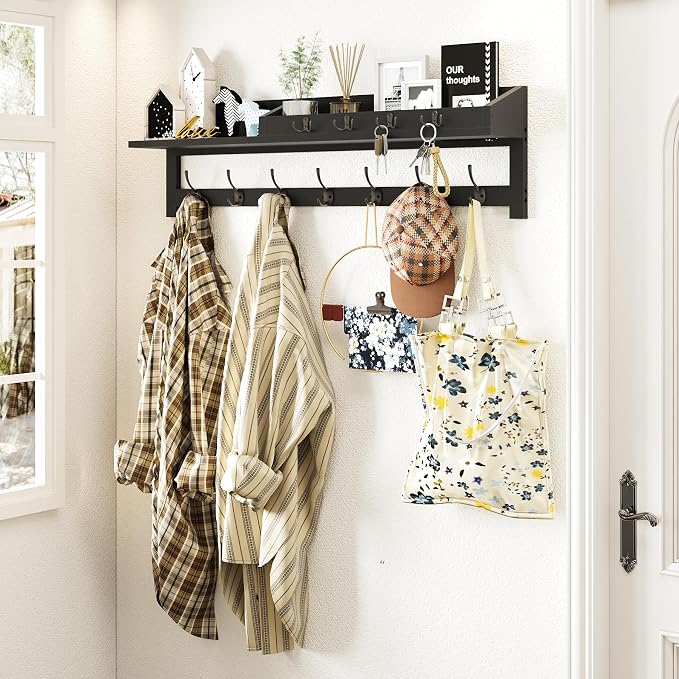 AMBIRD 35 inch Wall Hooks with Shelf, Coat Rack Wall Mount, Large Coat Hanger for Wall, Entryway Shelf with 7 Dual Coat Hooks, 4 Key Hooks and Mail Organizer, Wooden Key Holder Rack (Black) - Image 8