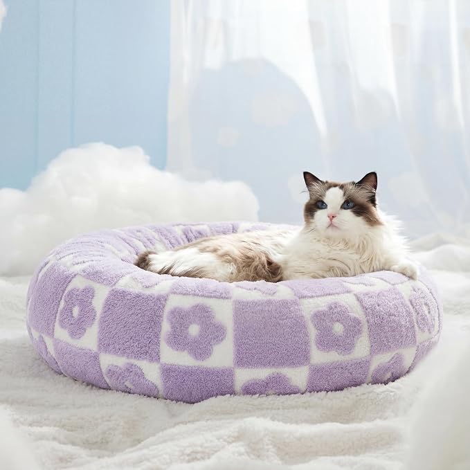 Lesure Shown on TV Donut Cat Bed for Indoor Cats - Small Round Dog Bed for Calming Pet as Gift with Washable Cover, Cute Puppy Bed with Jacquard Shaggy Plush & Anti Slip Bottom, 20 Inch, Flower Checks - Image 8