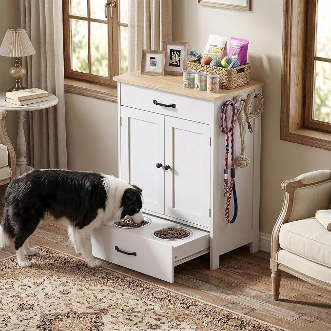 Dog Feeding Station Food Storage with 2 Elevated Stainless Bowls White Wood | Pet Organizer Cabinet With Adjustable Shelf Sliding Drawer Hidden Feeder ,Toy Organization Container for Cats & Dogs - Image 7