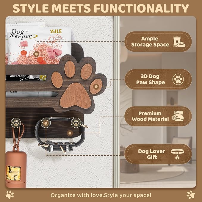 MTERSN Decorative Dog Leash Holder for Wall - Cute Dog Accessories Organizer with Floating Shelf & 6 Key Hooks – Key Holder Wall Mount for Cute Stuff and Farmhouse Decor (Dark Brown) - Image 6