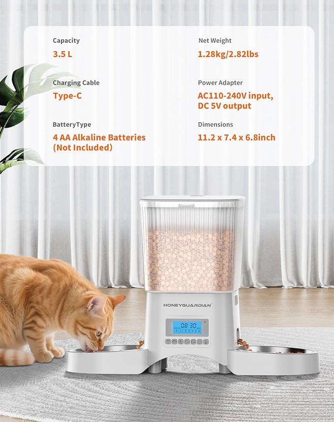 HoneyGuaridan Automatic Cat Feeder for 2 Cats,Automatic Cat Food Dispenser,Timed Pet Feeder for Cats and Dogs,Desiccant Bag, Programmable Portion Control,10s Voice Recorder - Image 7