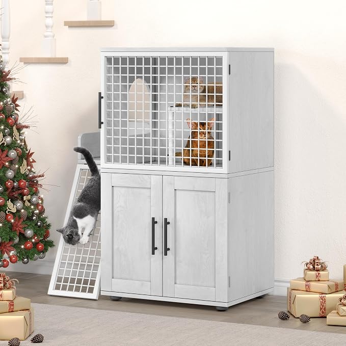 IDEALHOUSE Modern Cat Litter Box Enclosure with Platform, Double Layer Hidden Litter Box, Indoor Washroom, Villa Cat House with Ladder, 33.5" l x 17.9" w x 41.9" h,White - Image 8