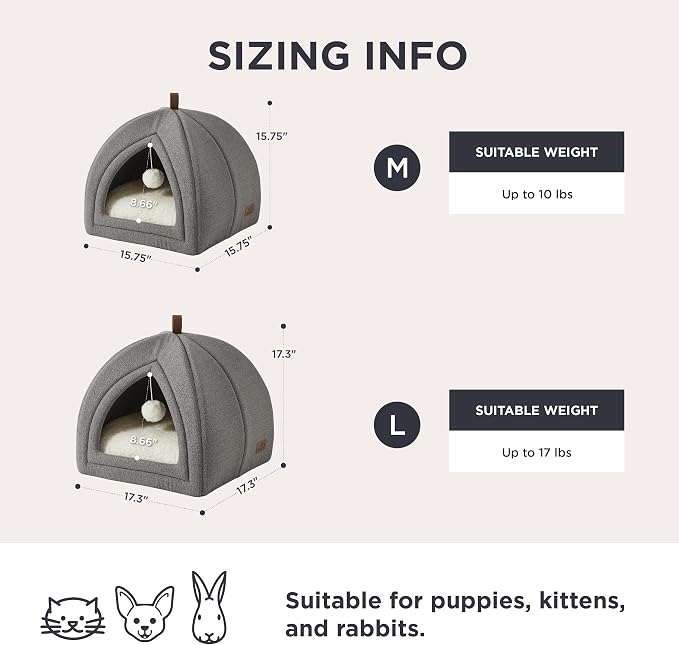Bedsure 2in1 Cat Beds for Indoor Cats Cave for Kitten with Washable Pillow | 16in, Cat House for Small Pet, Covered Cat Tent, Foldable Hideaway, Fluffy Ball, Anti Slip Bottom, Removable Cushioned ,Grey - Image 5