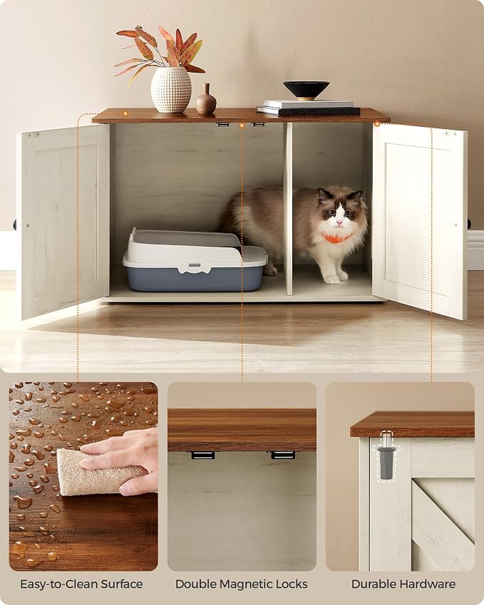 Feandrea Cat Litter Box Enclosure, Litter Box Furniture Hidden with Removable Divider, Indoor Cat House, End Table, 31.5 x 20.9 x 19.7 Inches, Honey Brown and Rustic White UPCL002P01 - Image 9
