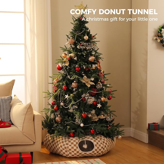 PEQULTI Cat Tunnel with Cat Bed for Indoor Cats, Cat Play Donut Tunnel with Washable Soft Plush Mat, Round Tunnel Toys Cute Tube for Kittens, Puppies, Rabbits and Ferrets, Brown - Image 7
