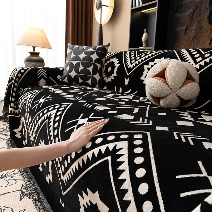 VClife Extra Large Couch Cover for Oversize Sofa Bohemian Sofa Slipcover, Aztec Geometric Chenille Sofa Cover Washable White Black Tribal Pattern Couch Protector Futon Cover 71" X 150" - Image 9