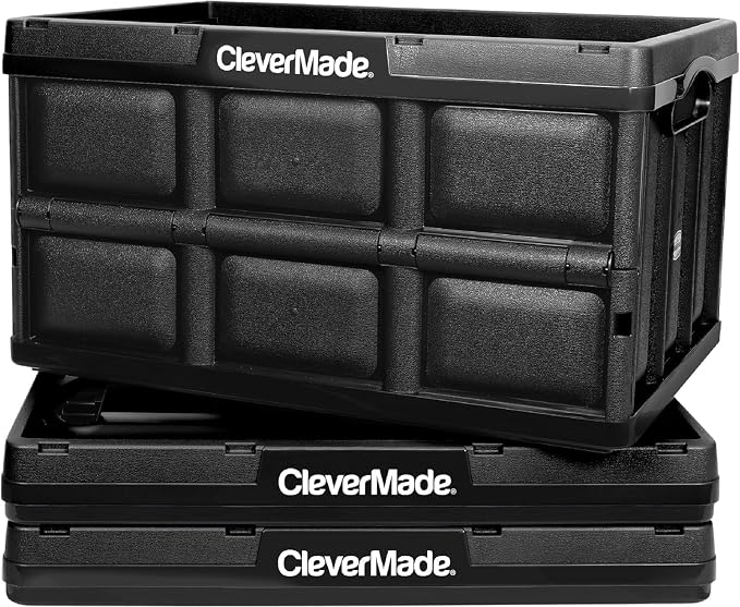 CleverMade Collapsible Storage Bins, 46L, 3 Pack, Obsidian | Each bin supports 75 lb for groceries, tools, or gear. Interlocking bases stack securely, and the bins fold to 2.75 inches. - Image 10