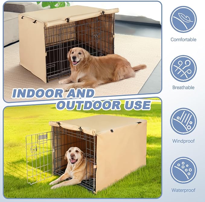 Dog Crate Cover - Double Door Waterproof Pet Kennel Cover, Durable 600D Polyester Protective Cage Cover for 24/30/36/42/48 Inch Dog Crate - Beige - Image 5
