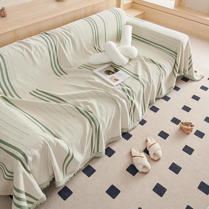 DREAMINGO Couch Cover Washable Chenille Sofa Protector for Pet Kids Beige Green Loveseat Couch Covers for 2 Cushion Couch Stripe Jacquard Versatile Sofa Throw Slipcover for Futon Couch, 71"x102" - Image 7