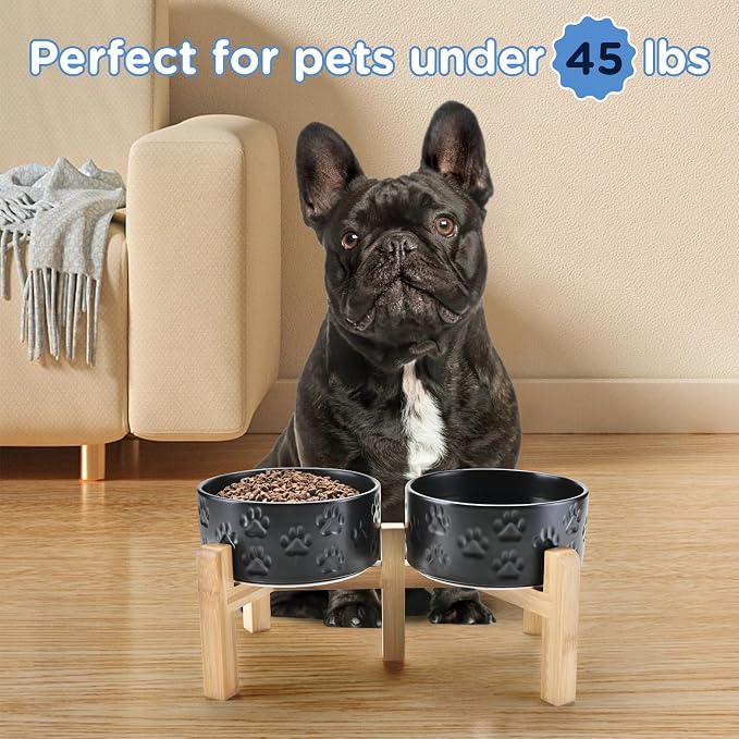 SPUNKYJUNKY Elevated Dog Bowls Ceramic, 6.1'' Dogs and Cat Food Water Bowls Raised with Non-Slip Bamboo Stand for Medium Sized Breed Microwave Dishwasher Safe - 28.7 OZ,Paw Black - Image 7