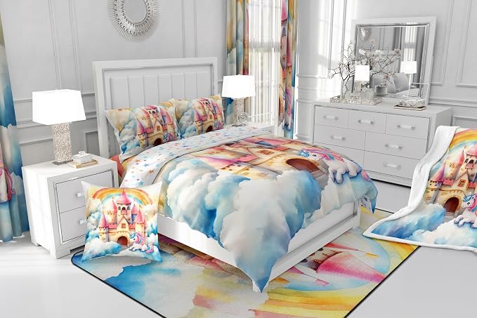 Manfei Princess Castle Comforter Set King Size,Cute Unicorn Dreamy Fairy Tale Girly Bedding Set 3 Pcs for Adults,Fantasy Rainbow Sky Clouds Cartoon Down Comforter,2 Pillowcases - Image 6