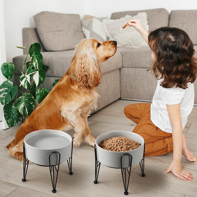 Elevated Dog Bowls, Ceramic Raised Dog Bowl Set with Anti-Slip and Non-Tip Metal Stand, 2 Pack Pet Food and Water Feeding Bowls for Small and Medium Dogs (Gray,7.6 Cups) - Image 6