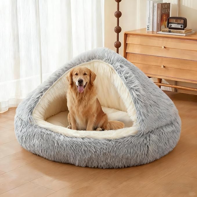 ShinHye Round Plush Fluffy Hooded Cat Bed Cave, Cozy for Indoor Cats or Small Dogs, Waterproof Bottom, Washable(35 in) - Image 6