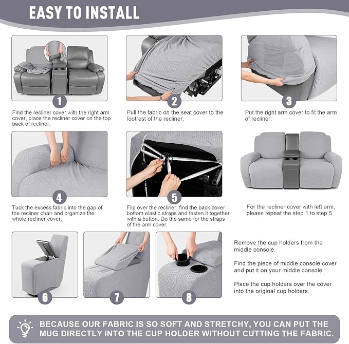 KinCam Loveseat Recliner Covers with Middle Console Slipcover, Silver Gray | Stretch Recliner Sofa Covers for 2 Seat Couch Cover, Jacquard Furniture Protector Covers with Elastic Bottom for Kids, Pets - Image 6